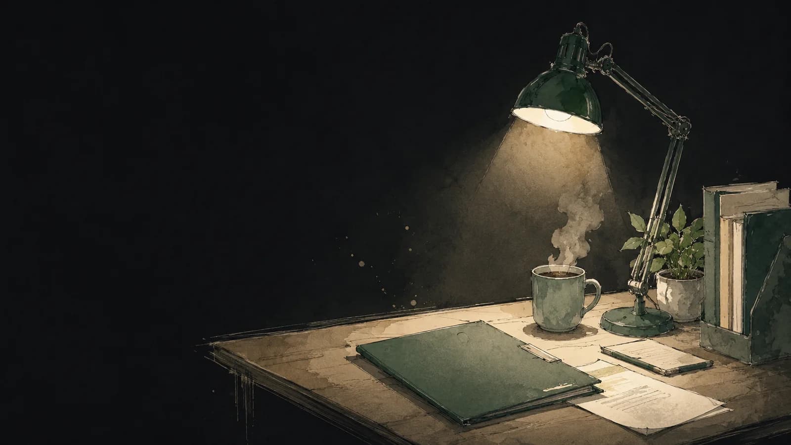 Lamplit filing desk at night with a green folder and a steaming mug
