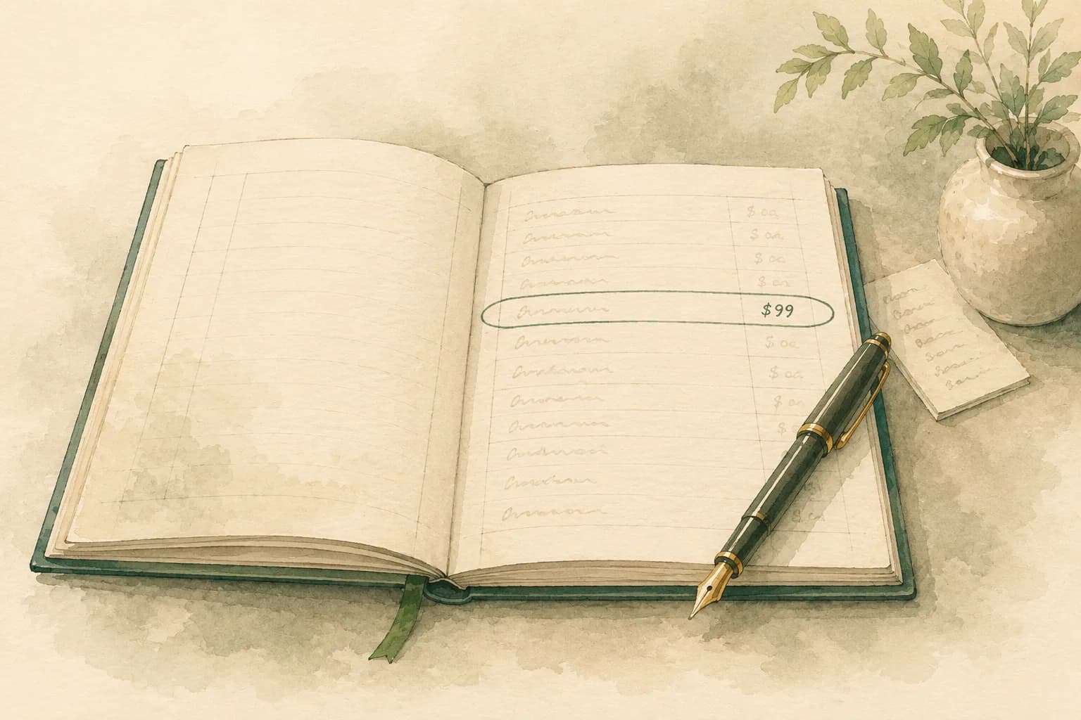 Illustration of an open fee ledger with a single $99 line circled in green ink