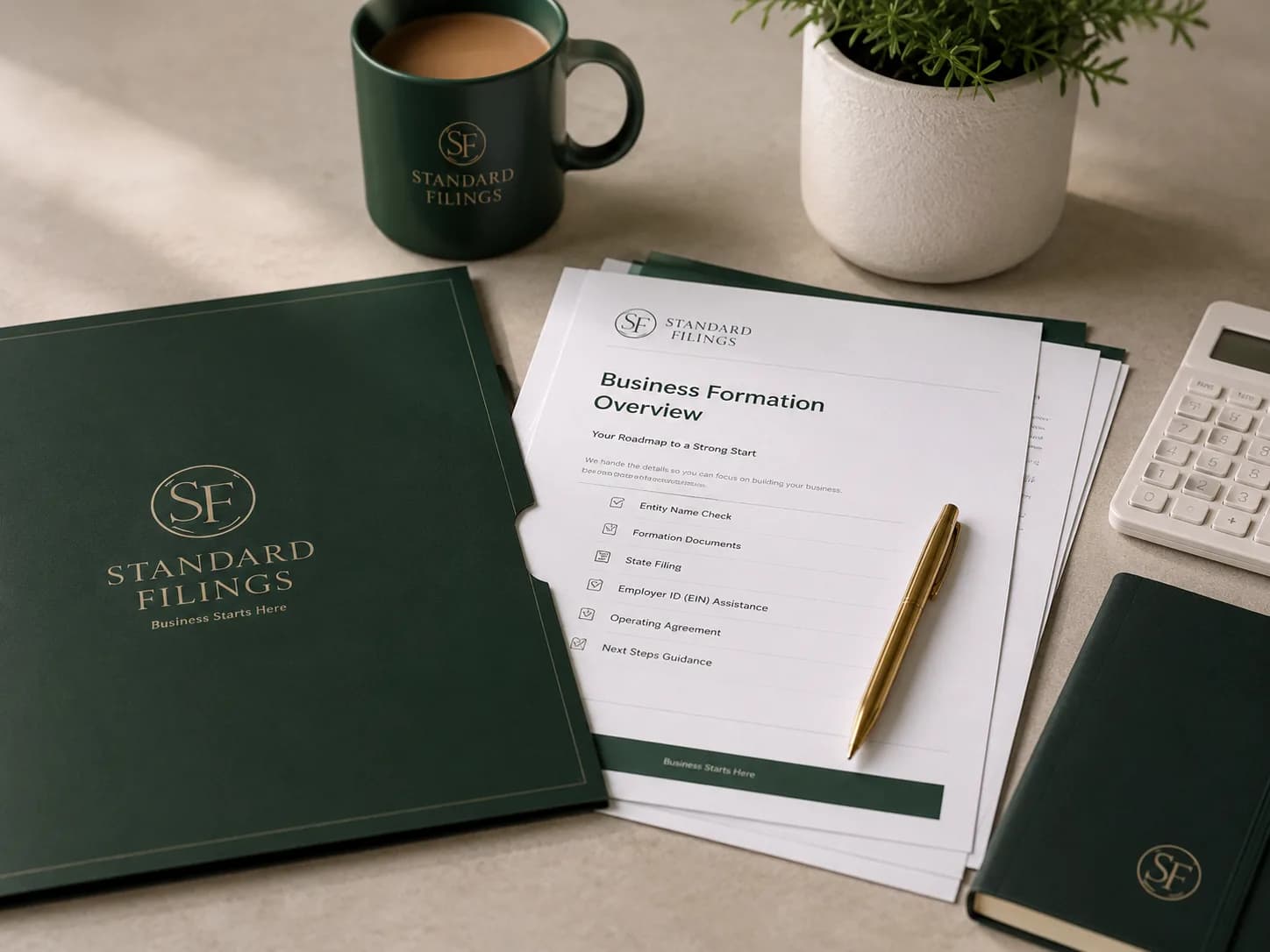 A tidy stack: this year's filed annual report, a deadline calendar, and next year's already scheduled