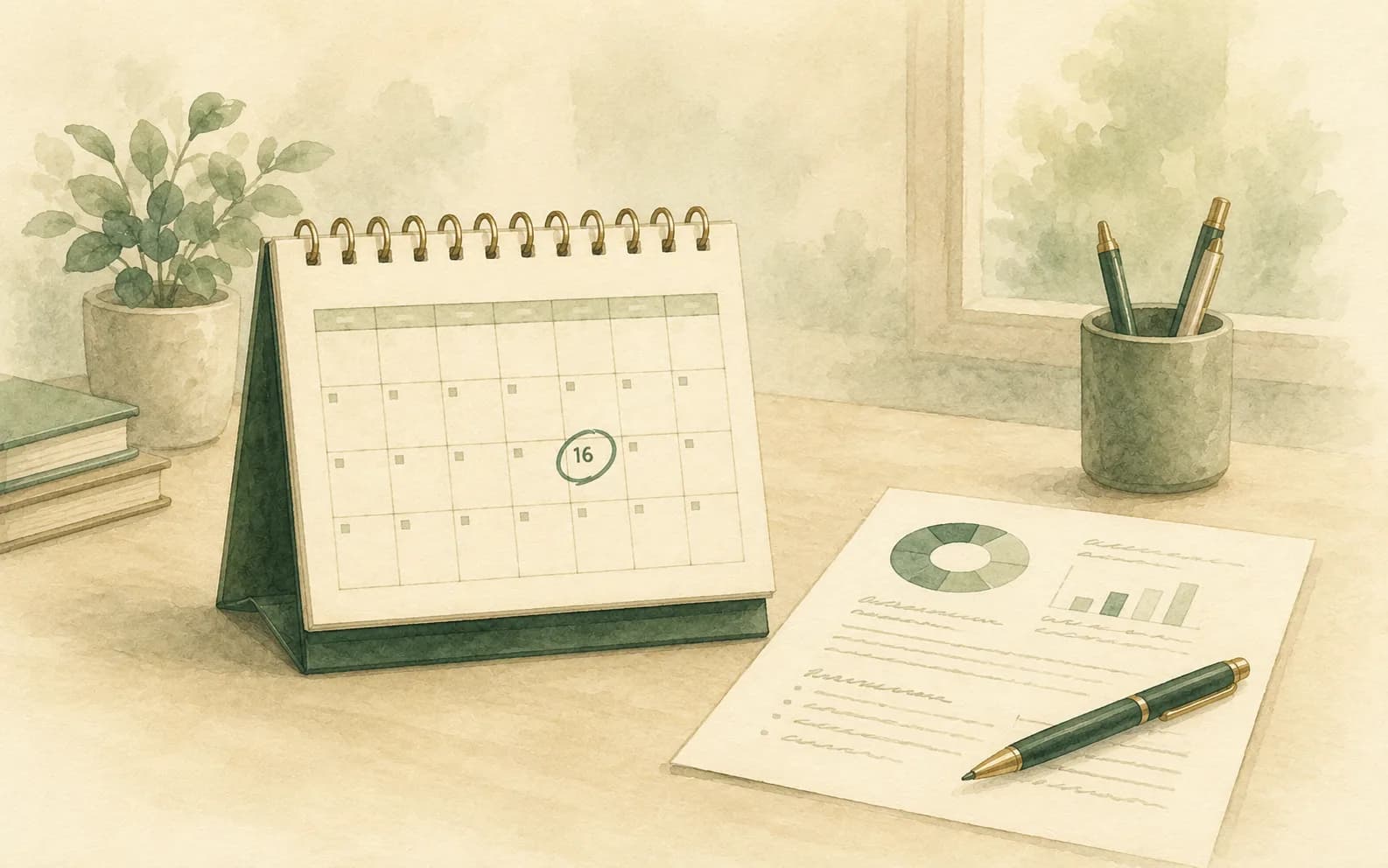 A desk calendar with a circled deadline beside a completed, stamped annual report
